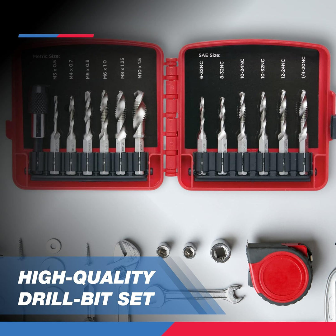 NEIKO 10059A Kombibohrer und Gewindebohrer-Set mit Schnellwechseladapter, 13-teilig, SAE (6-32NC bis
