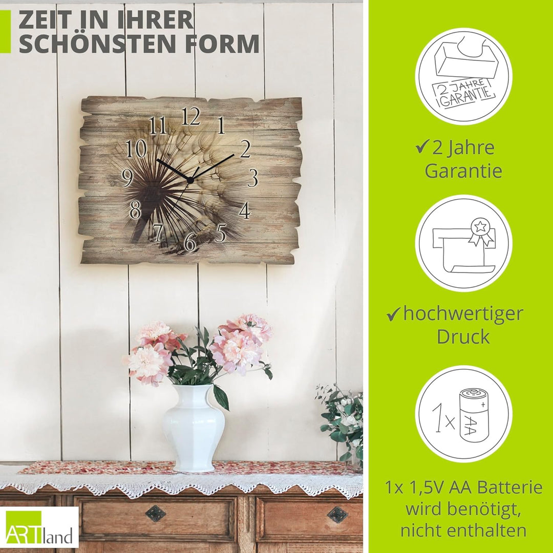 ARTLAND Wanduhr ohne Tickgeräusche aus Holz Quarzuhr 40x30 cm Rechteckig Lautlos Blumen Pusteblume N