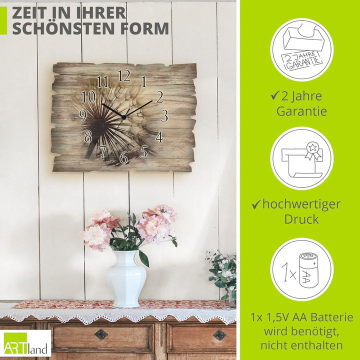 ARTLAND Wanduhr ohne Tickgeräusche aus Holz Quarzuhr 40x30 cm Rechteckig Lautlos Blumen Pusteblume N