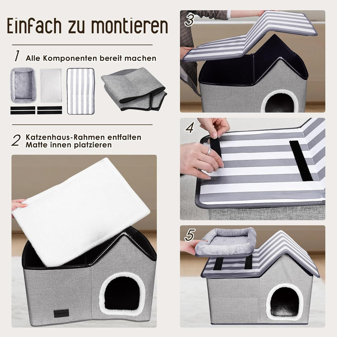 Katzenhaus, Thihome Katzenhöhle Outdoor, Warm Hundehöhle, Abnehmbar Hundehütte mit Waschbarem Kissen