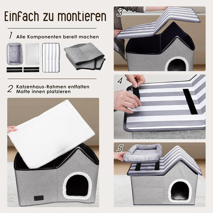 Katzenhaus, Thihome Katzenhöhle Outdoor, Warm Hundehöhle, Abnehmbar Hundehütte mit Waschbarem Kissen