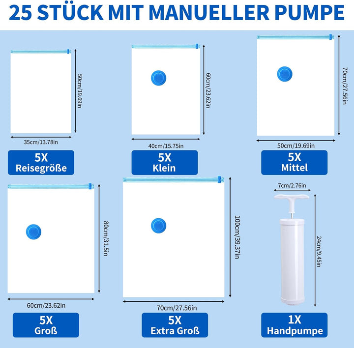 Gucass 25er Vakuumbeutel für Kleidung mit Pumpe, Grössenmix von S bis XXL Vakuumbeutel für Bettdecke