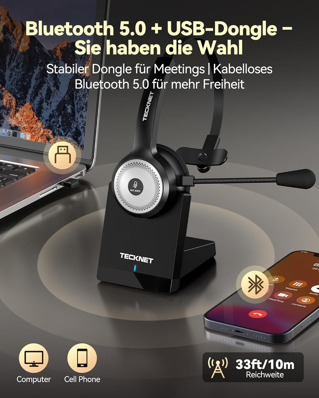 TECKNET Bluetooth Headset mit Mikrofon, PC Headset mit AI Rauschunterdrückung, kabelloses Headset mi
