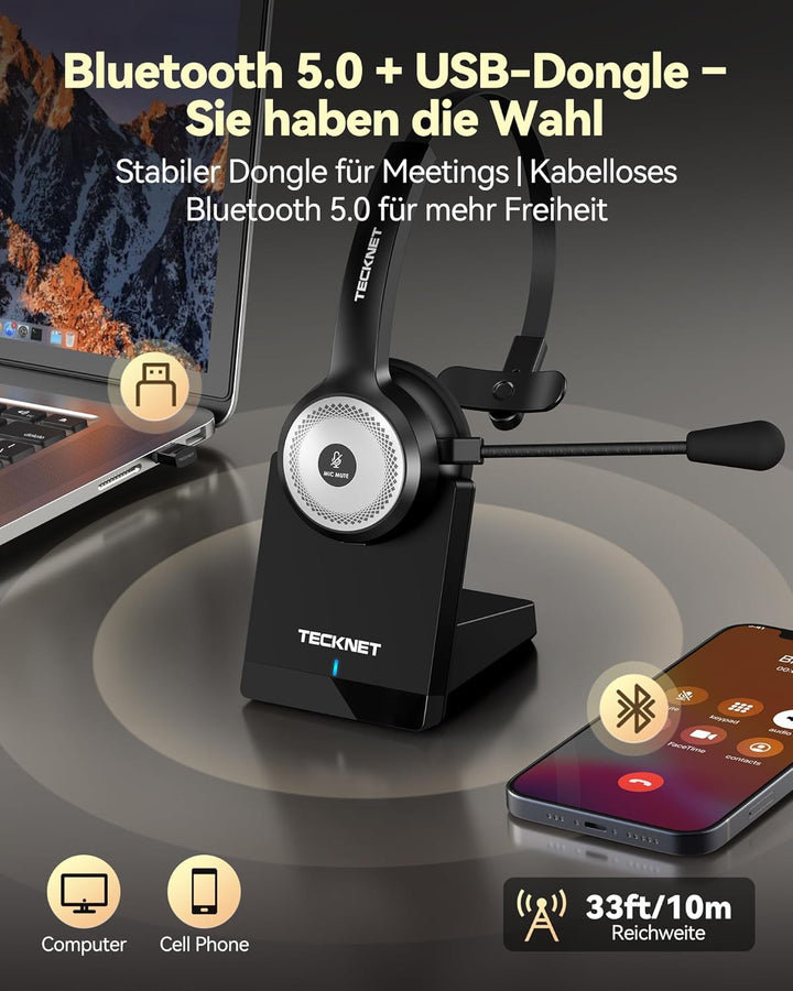 TECKNET Bluetooth Headset mit Mikrofon, PC Headset mit AI Rauschunterdrückung, kabelloses Headset mi