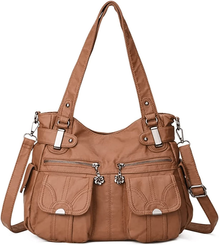 FANDARE Gross Schultertasche Damen Umhängetasche Frauen Vintage Schulranzen Wasserdicht PU Leder Wom