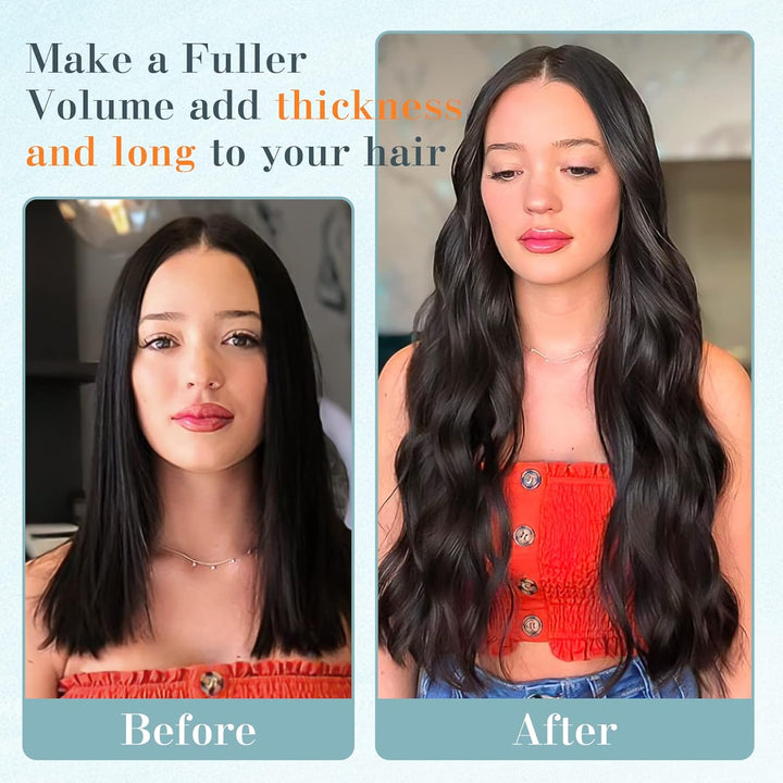 Benehair Clip in Extensions Echthaar, 8 Stück 100% Echtes Haar Extension 55g, Dunkles Schwarz Haarve