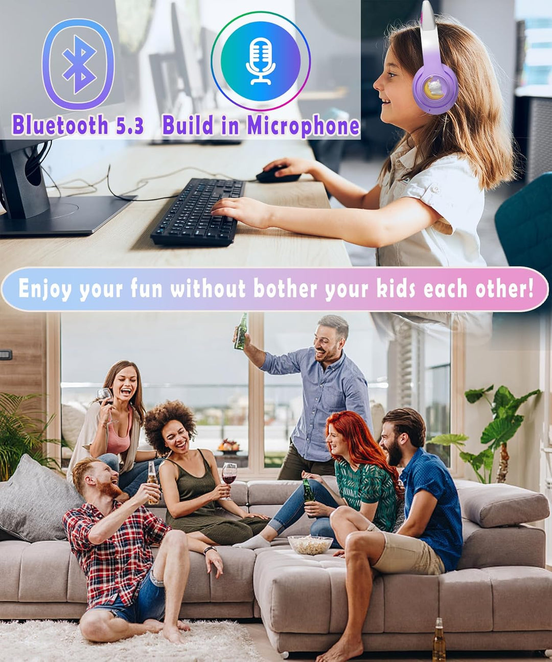 Kopfhörer Kinder Kinderkopfhörer, Kinderkopfhörer Bluetooth 5.3, Faltbare Kopfhörer Over Ear mit LED