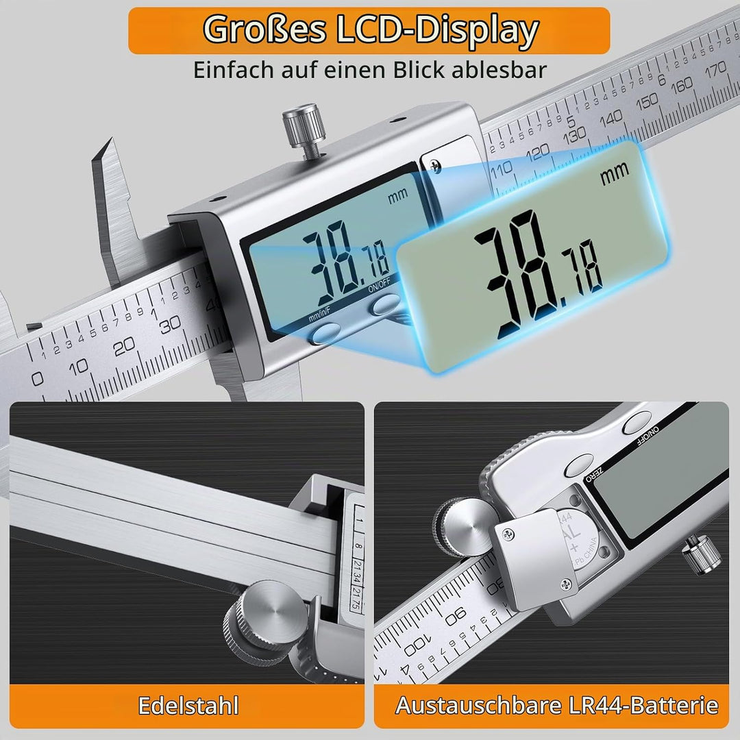 Neoteck Digital Messschieber 200 mm mit Fühlerlehre, LCD Display, Zoll/Metrik/Bruch, Messschieber El