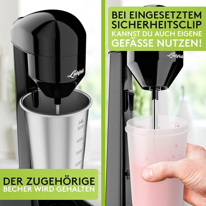 Liebfeld Protein Shaker Elektrisch - Stabmixer mit 500ml Edelstahl Becher - Proteinshake & Milch Sha
