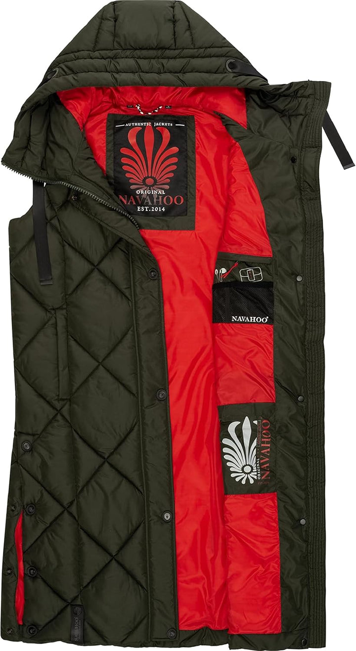 Navahoo warme Damen Winter Steppweste lang mit Kapuze Schnuckel XS-XXL S Dark Olive, S Dark Olive