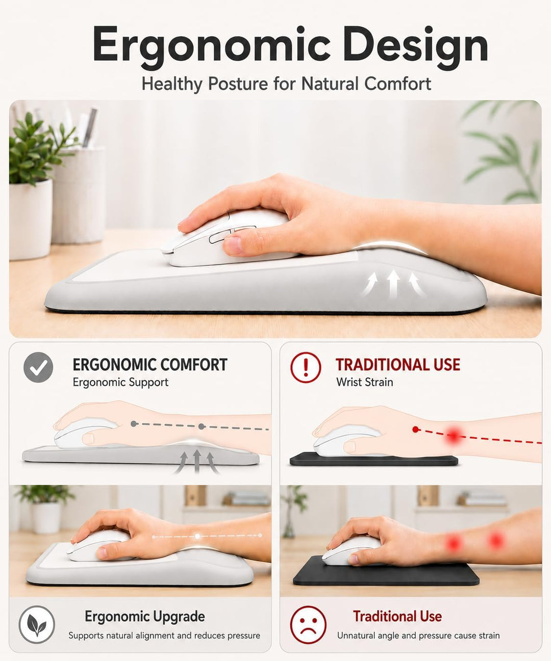 Mauspad Ergonomisches mit abgeschrägter Handauflage,Progressive druckfreie Unterstützung, Memory-Sch