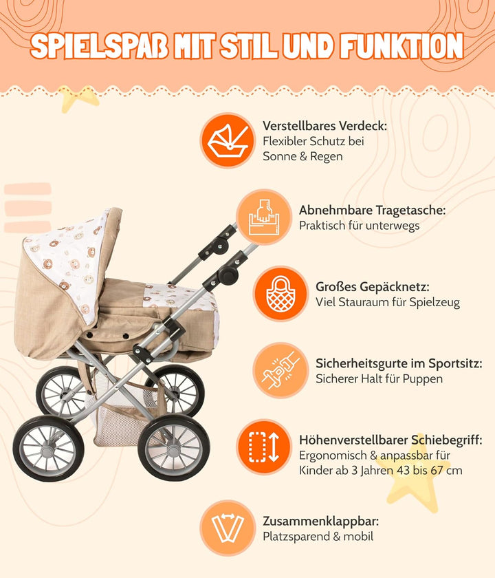 Bayer Chic 2000 - Puppenwagen Leni, 2in1 Kombipuppenwagen mit herausnehmbarer Tragetasche, Kinderwag