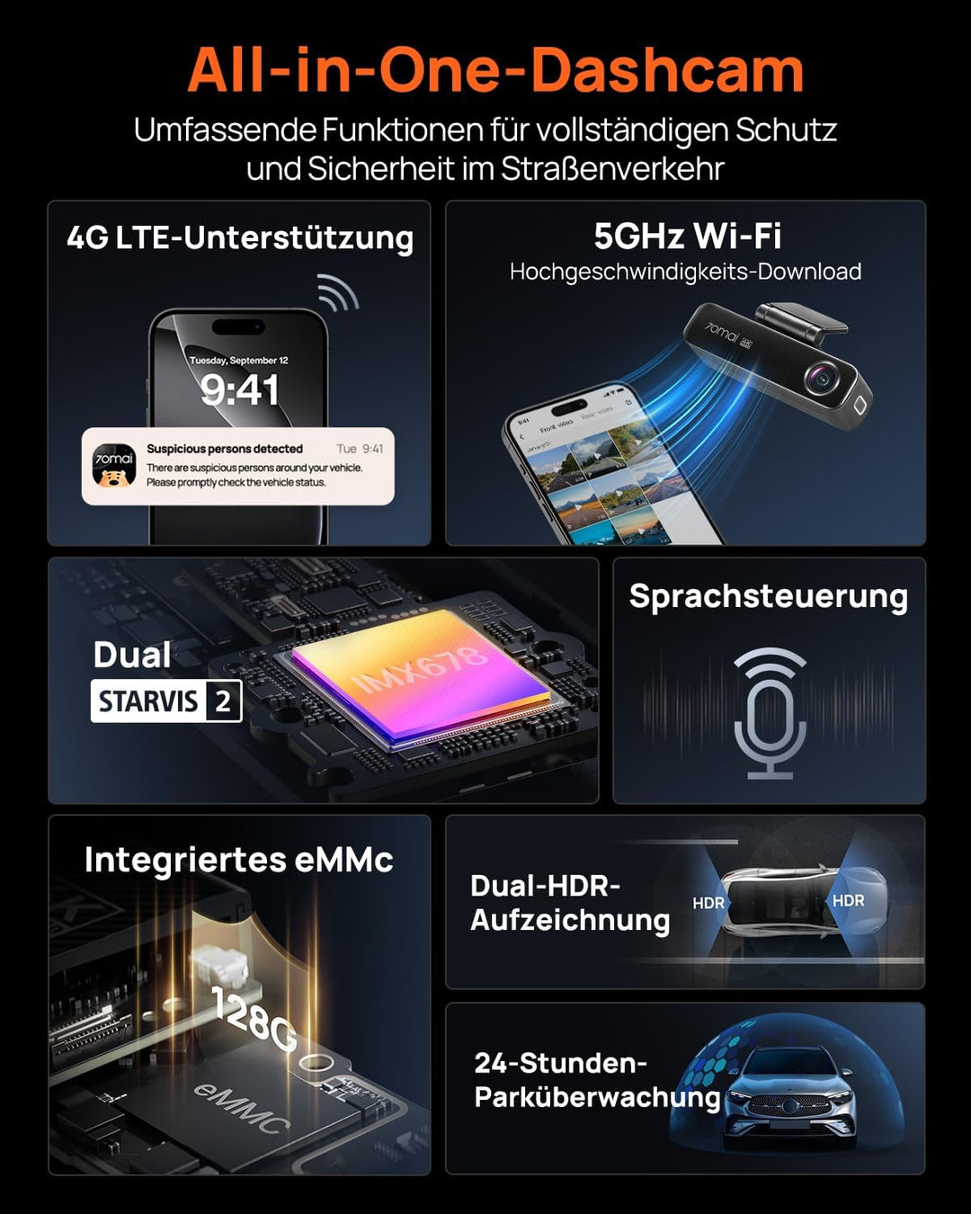 【70mai M800 Dashcam + UP04 + Akku Pack BL96NNX】 70mai M800 4K Dashcam Auto Vorne und Hinten, STARVIS