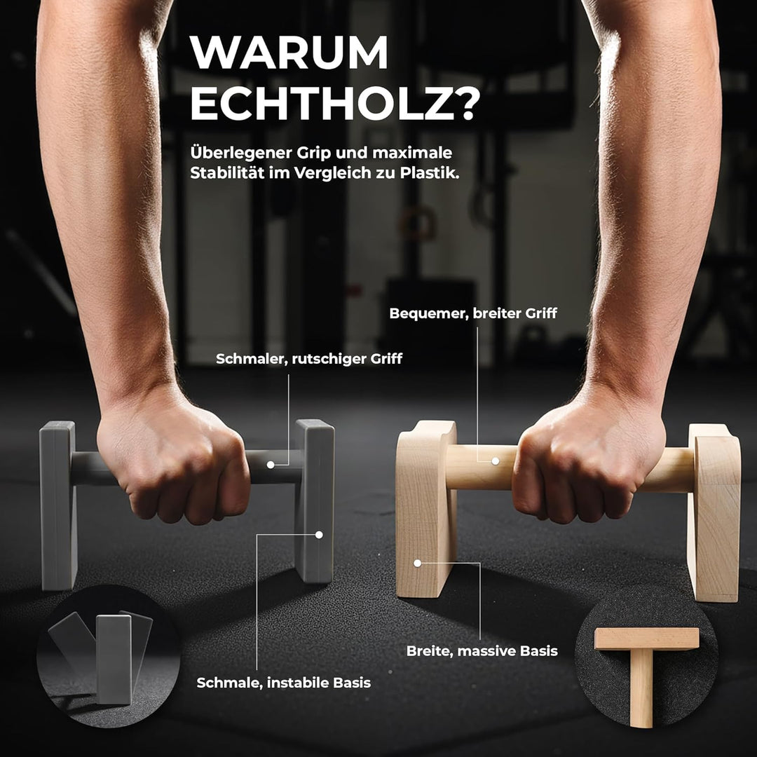 2er Set Liegestützgriffe Holz 150kg belastbar aus massivem Buchenholz - Parallettes für Calisthenics