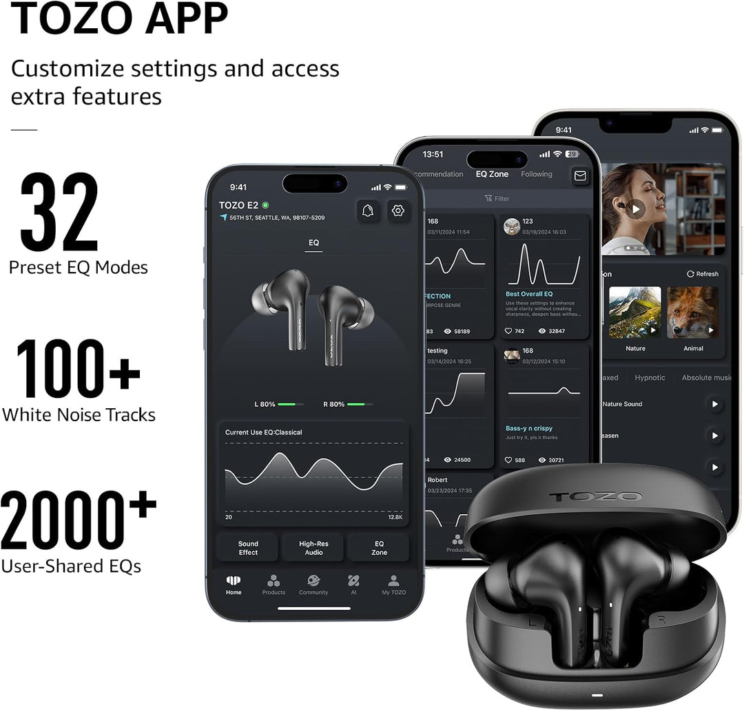TOZO E2 Kopfhörer kabellos Bluetooth, 5.3 Bluetooth Kopfhörer, In Ear Kopfhörer mit APP Steuerung, 3