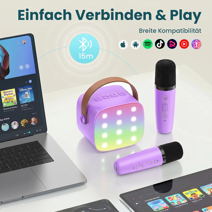Wowstar Karaoke Maschine mit 2 Drahtlosen Mikrofonen, Tragbares Bluetooth Karaoke Maschine für Kinde