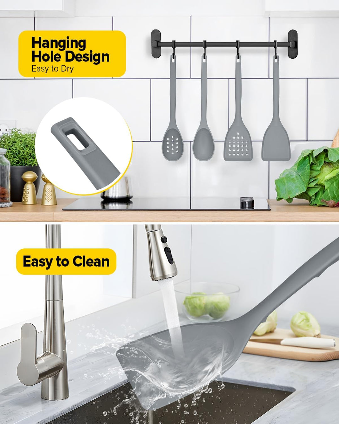 Packung von 4 Silikon Kochgeräte Set, Non-Stick-Festspalten und hitzebeständige Schlitzlöffel mit Rü