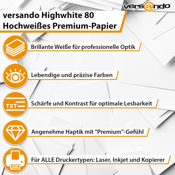 versando 2.500 Blatt Kopierpapier A4 HighWhite 80 Drucker-/Universalpapier 5x 500 Blatt PremiumWeiss