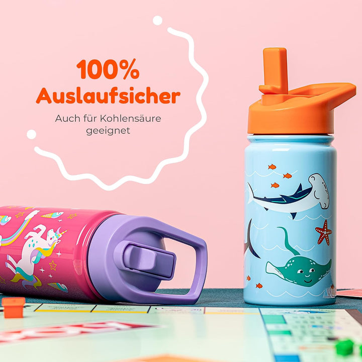 BOZ Isolierte Kinder-Trinkflasche, 414 ml (Autos) | BPA-Frei, Kratzfest mit Tragegriff, Spülmaschine
