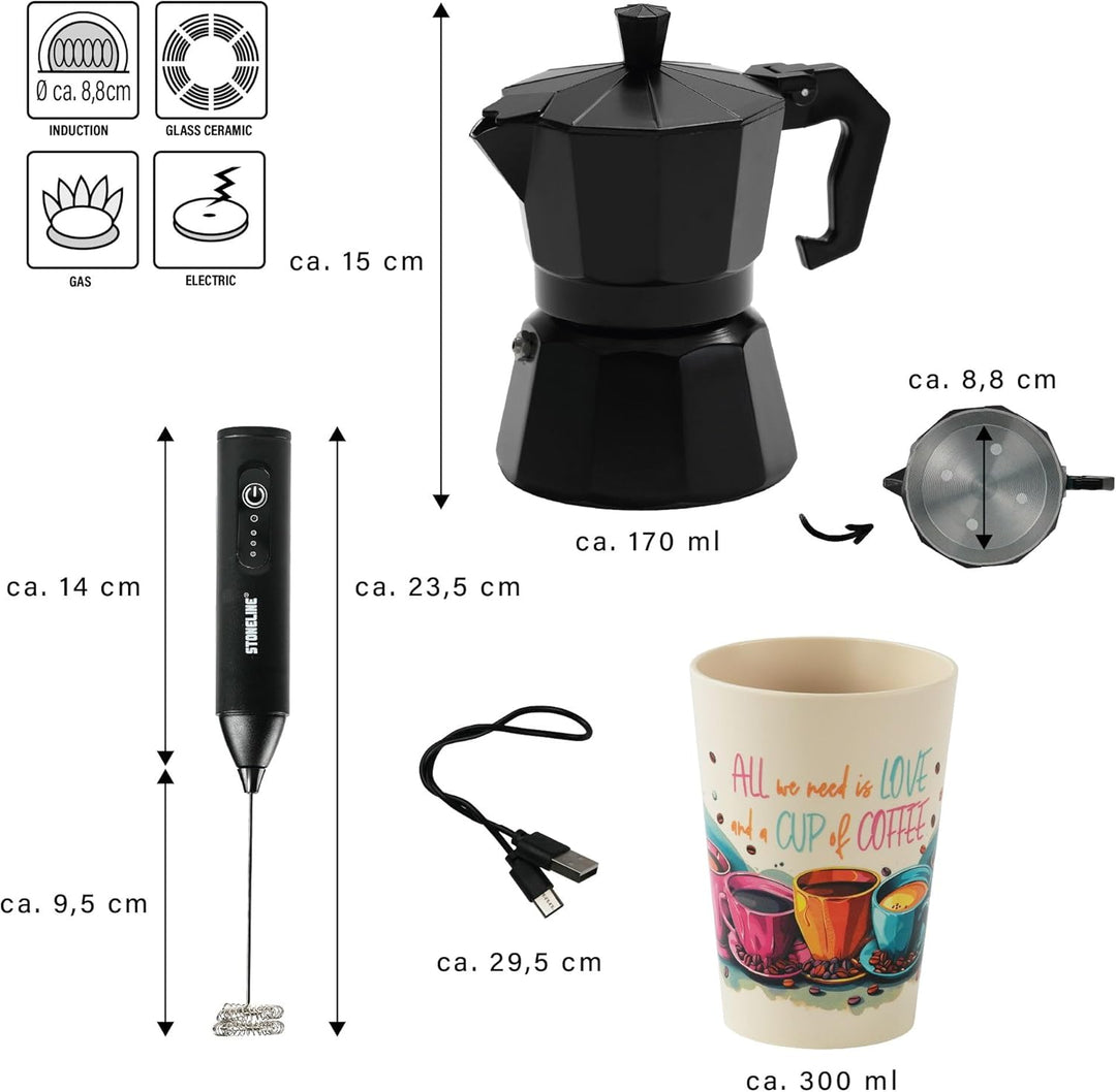 STONELINE Espressokocher Induktion aus Aluguss 170 ml, 4 Tassen, für alle Herdarten, Italienischer K