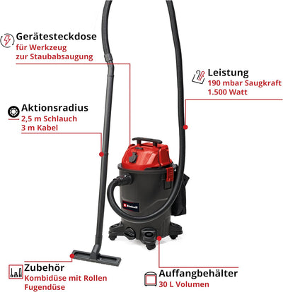 Einhell Nass-Trockensauger TC-VC 1930 A (1.500 Watt, 190 mbar Saugleistung, Automatiksteckdose, 30 L