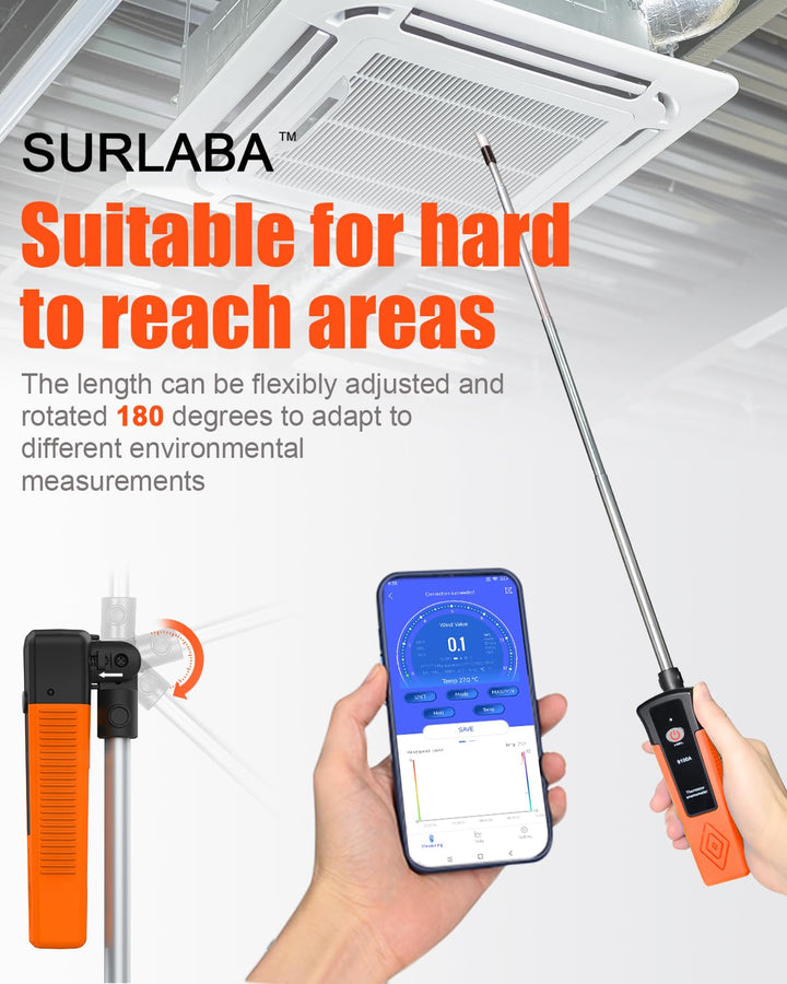 SURLABA Hitzdraht-Anemometer, XF-9100A CFM Luftgeschwindigkeitsmesser Bluetooth-APP-Verbindung, Outd