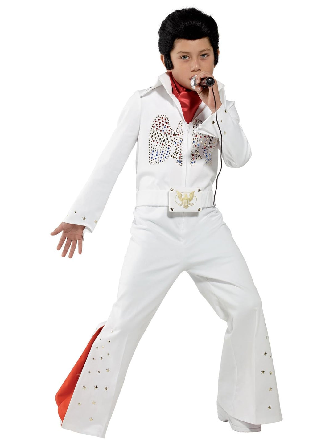 Elvis Kostüm Weiss mit Overall und Schal, Large Medium - 7 bis 9 Jahre, Medium - 7 bis 9 Jahre