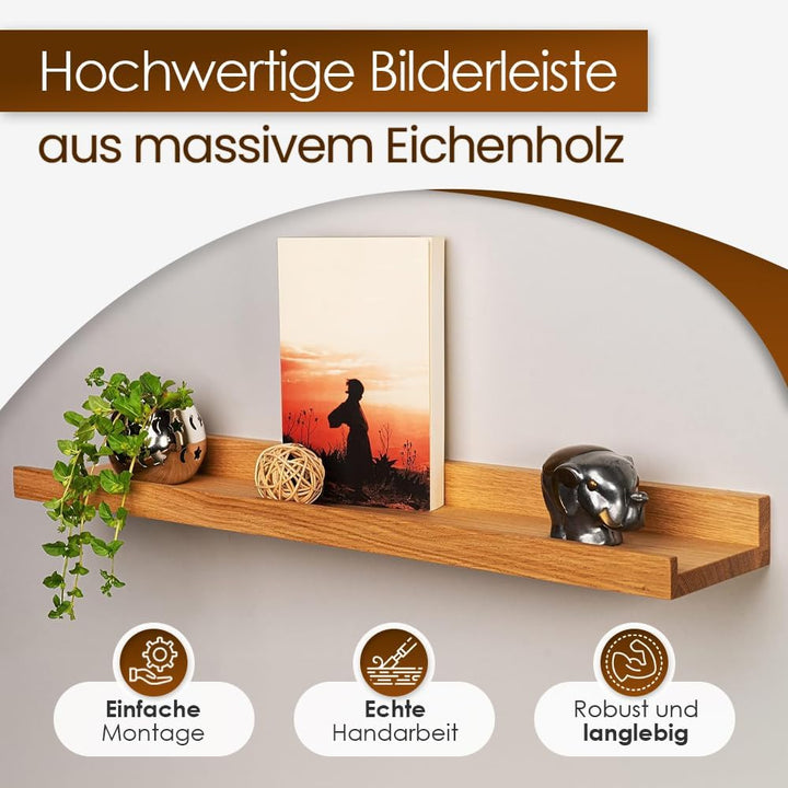 Heimatspäne 2er-Set Bilderleiste Holz 40cm – Echtes Eichenholz, freischwebende Regalbretter inkl. Sc