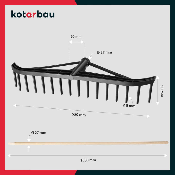 KOTARBAU® Heurechen - 55 cm - mit Holzstiel 1,52 m - Laubrechen Kunststoff - Rechen für Garten - Lau