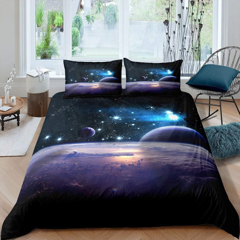 Loussiesd Kinder Bettwäsche Galaxy Sterne 135x200 cm + 80x80 cm 3D Print Betten Set Weltraum -Motiv