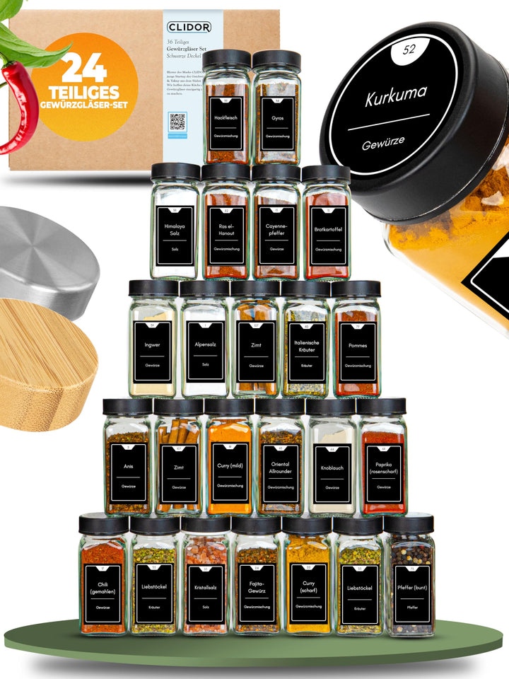 CLIDOR Gewürzgläser eckig [24 x 125ml], Luftdichte Gewürzgläser mit Streueinsatz + 248 wasserfeste G