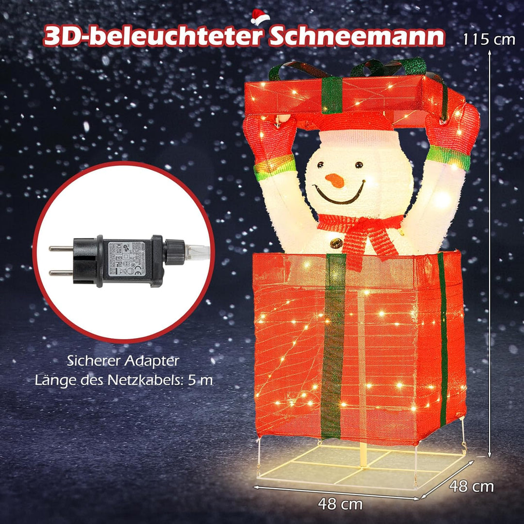 COSTWAY LED Schneemann in Geschenkbox, 115 cm beleuchtete Weihnachtsdeko mit 100 warmweissen LED-Lic