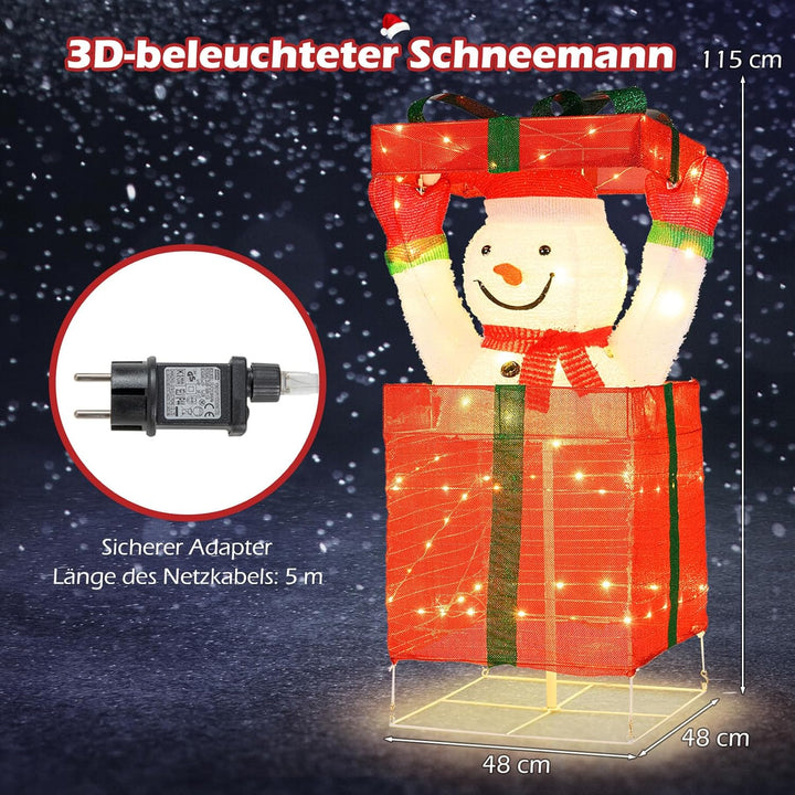 COSTWAY LED Schneemann in Geschenkbox, 115 cm beleuchtete Weihnachtsdeko mit 100 warmweissen LED-Lic