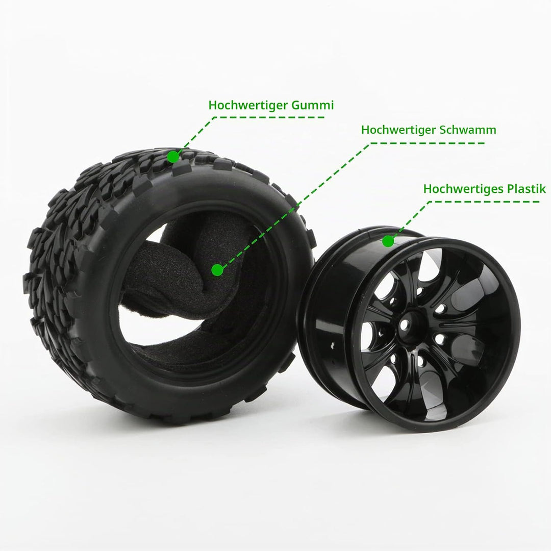 Pxyelec Gummireifen für Monster Truck 1:10 RC Auto Rad Typ Reifen mit 7 Speichen Felge Schwarz RC Te