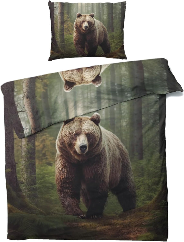 GEDAEUBA Bär Bettwäsche 135x200 - Wilde Tiere Bettbezug 135 x 200 2er Set, Wendebettwäsche und Kisse