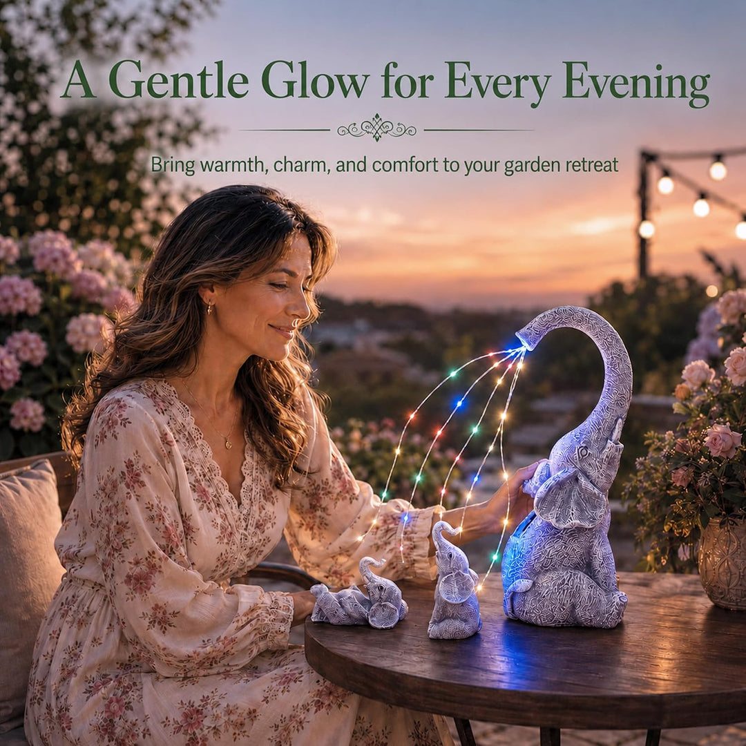 Yeomoo Elefanten Deko Gartenfiguren mit Solar Lichterkette Aussen: Elefant Mutter mit 2 Baby Elefant
