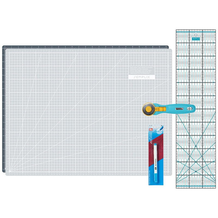 Semplix Schneidematten Set A2 Rollschneider Lineal Prym (grau/türkis) | A2 Schneidematte 60x45 cm se