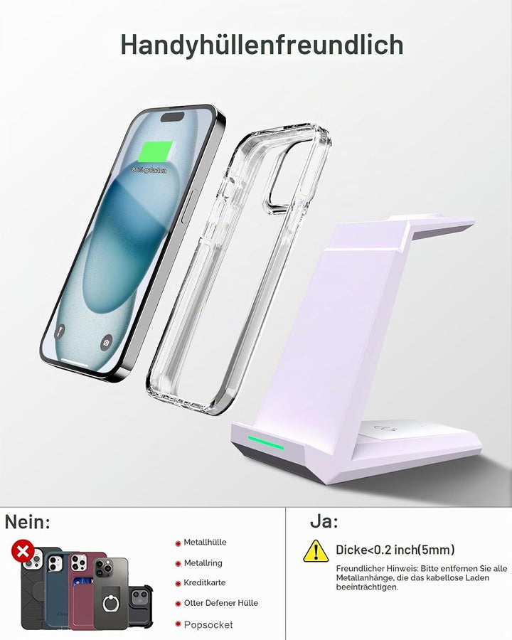3 in 1 Induktive Ladestation Apple Watch und iPhone, Kabelloses Ladegerät für iPhone 17/16/15/14/13/
