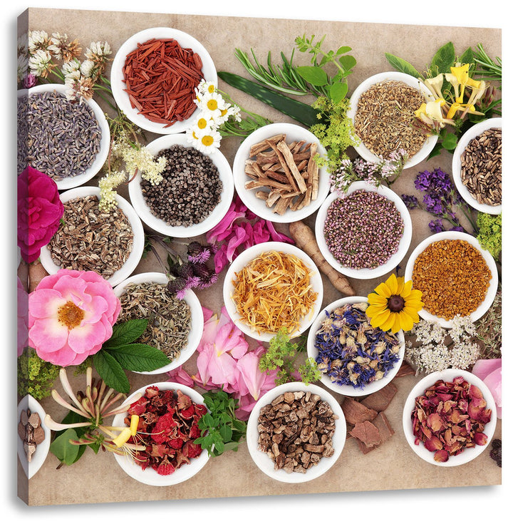 Pixxprint Heilende Kräuter und Blumen als Leinwandbild/Grösse: 70x70 cm/Wandbild/Kunstdruck/fertig b