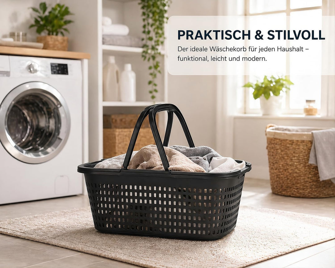 HRB Wäschekorb 35L mit Henkel – Stabiler Kunststoff Wäschekorb Anthrazit – Leicht &amp; Robust, Luftdurc