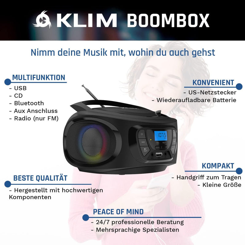 KLIM Boombox Radio mit CD Player - NEU 2024 - FM-Radio, CD Player, Bluetooth, MP3, USB, AUX - Inklus