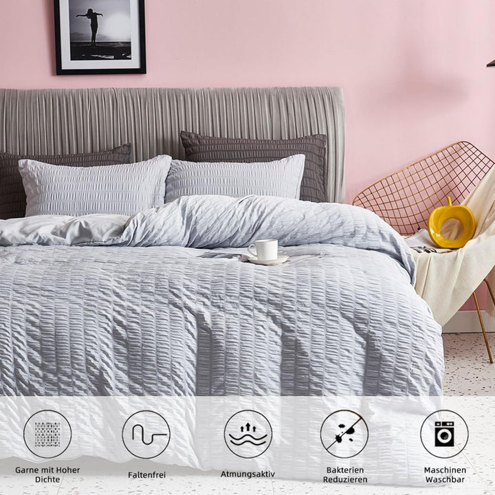 Freyamy Seersucker Bettwäsche 135x200cm 2teilig Hellgrau Geprägt Streifen Strukturiert Bettwaren-Set