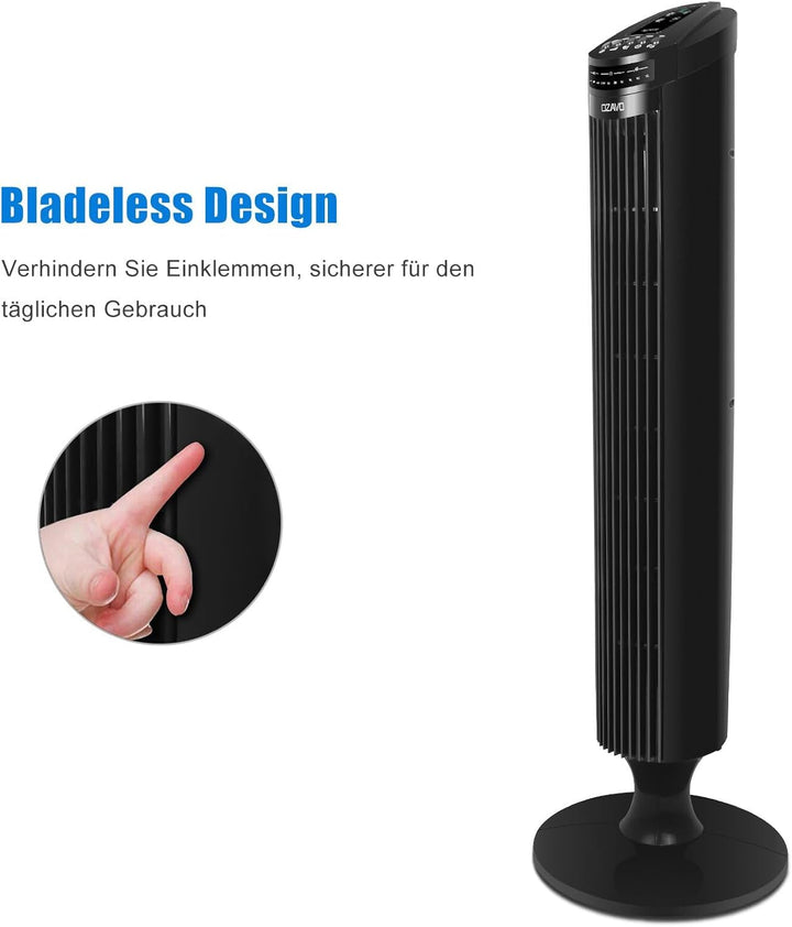 OZAVO Turmventilator, Tower-Ventilator mit Fernbedienung, 3 Laufgeschwindigkeiten und Auto-Funktion,