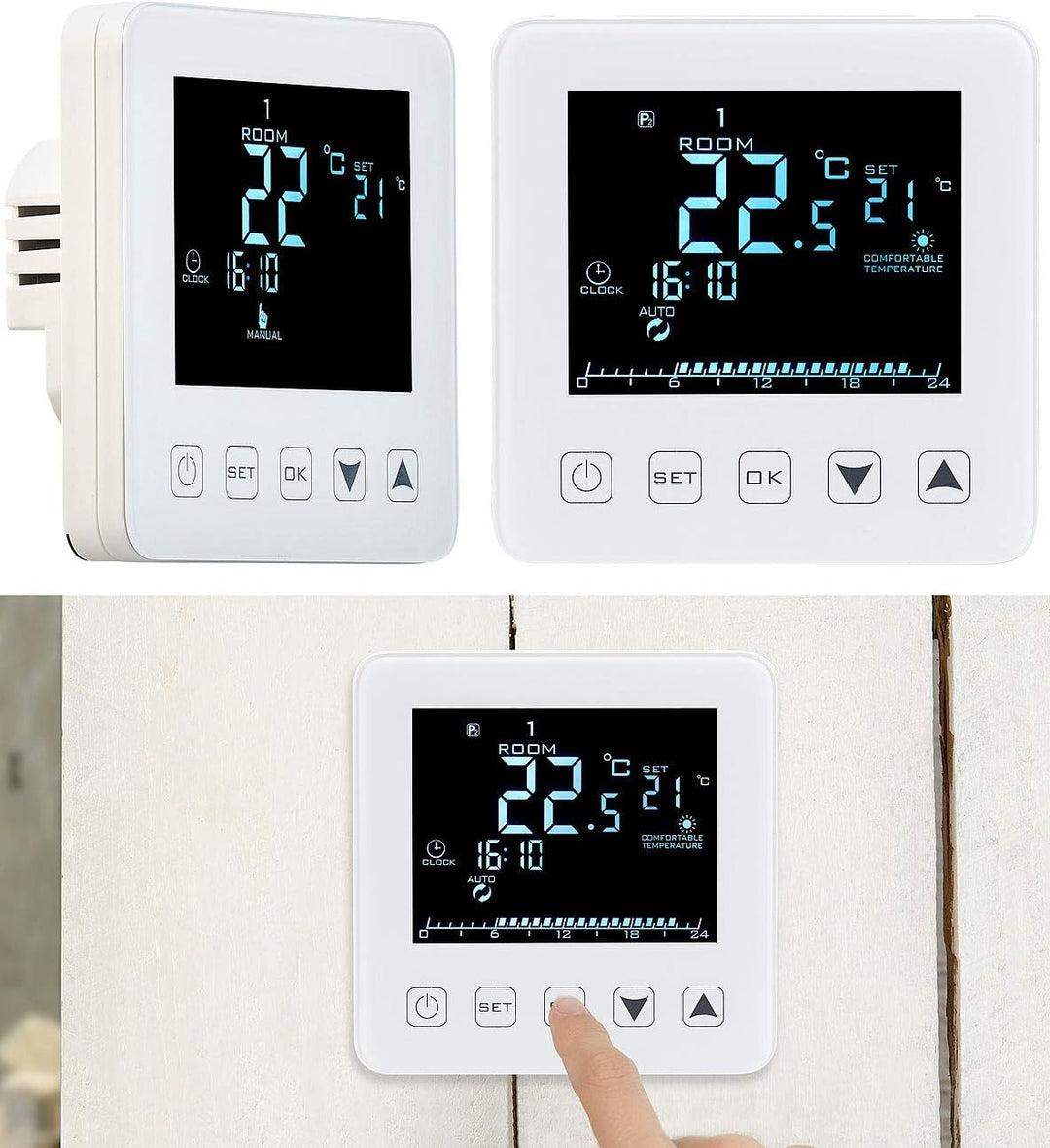 revolt Raumthermostat Digital: 2er-Set Wand-Thermostate für Fussbodenheizung, LCD, Touch-Tasten (The