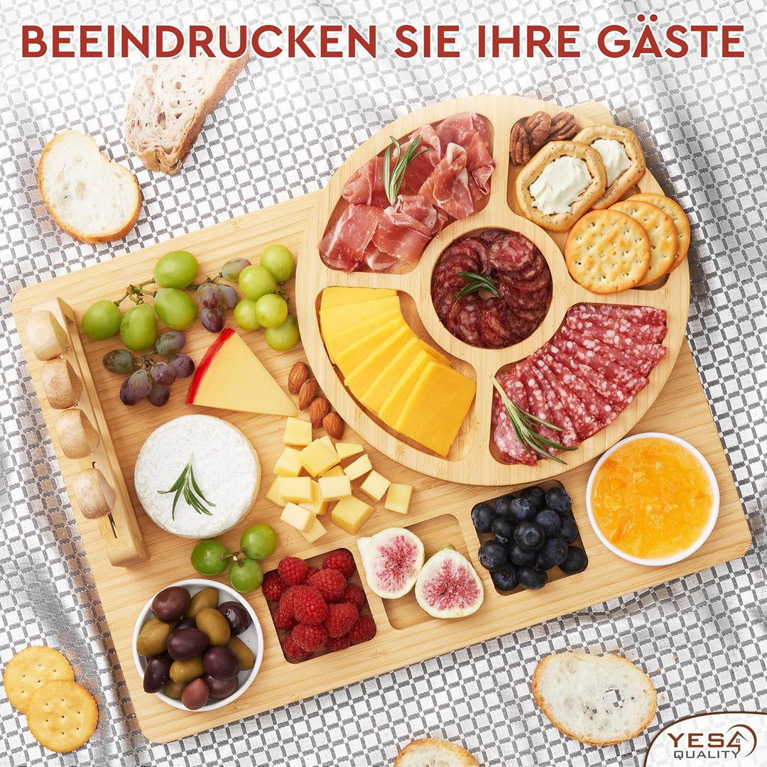 Charcuterie Boards Premium Geschenkset – 15-teilig, Bambus – grosses Käsebrett plus Obsttablett als