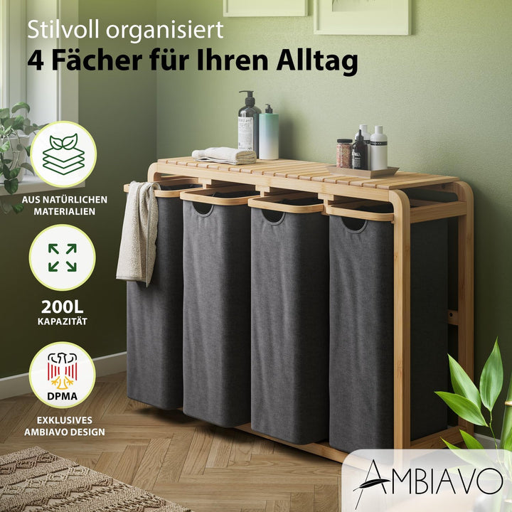 Wäschekorb 4 Fächer grau 200 L – Platzsparendes Design – 50L pro Fach - Stabile Bambuskonstruktion –