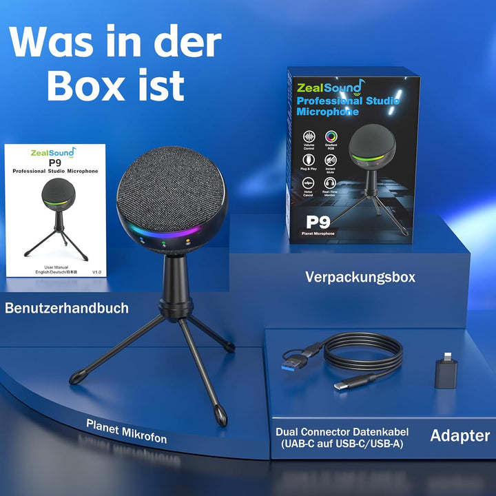 zealsound USB Mikrofon für Podcast Gaming auf PC iPhone Mac, Nieren Kondensatormikrofon mit Rauschun