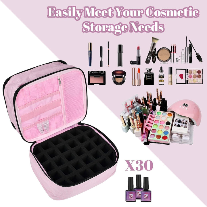 ADERTOS Nagellack Aufbewahrung Tasche Doppelschicht Rosa Nylon Kosmetiktasche Make Up Organizer für