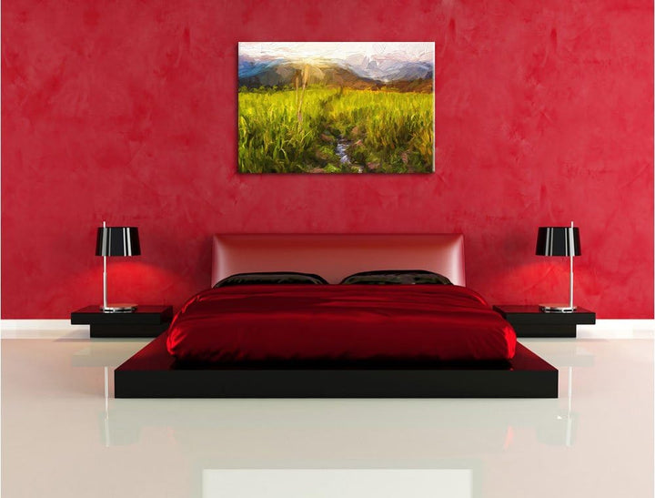 Pixxprint Reisfeld Plantage in Asien Kunst Pinsel Effekt, Format: 100x70 auf Leinwand, 100x70