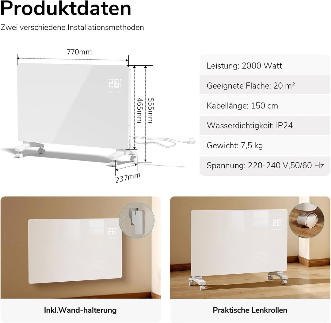 EMKE Smart Elektroheizung 2000W, Glaskonvektor-Heizung Elektrisch mit WLAN & App-Steuerung, Elektroh